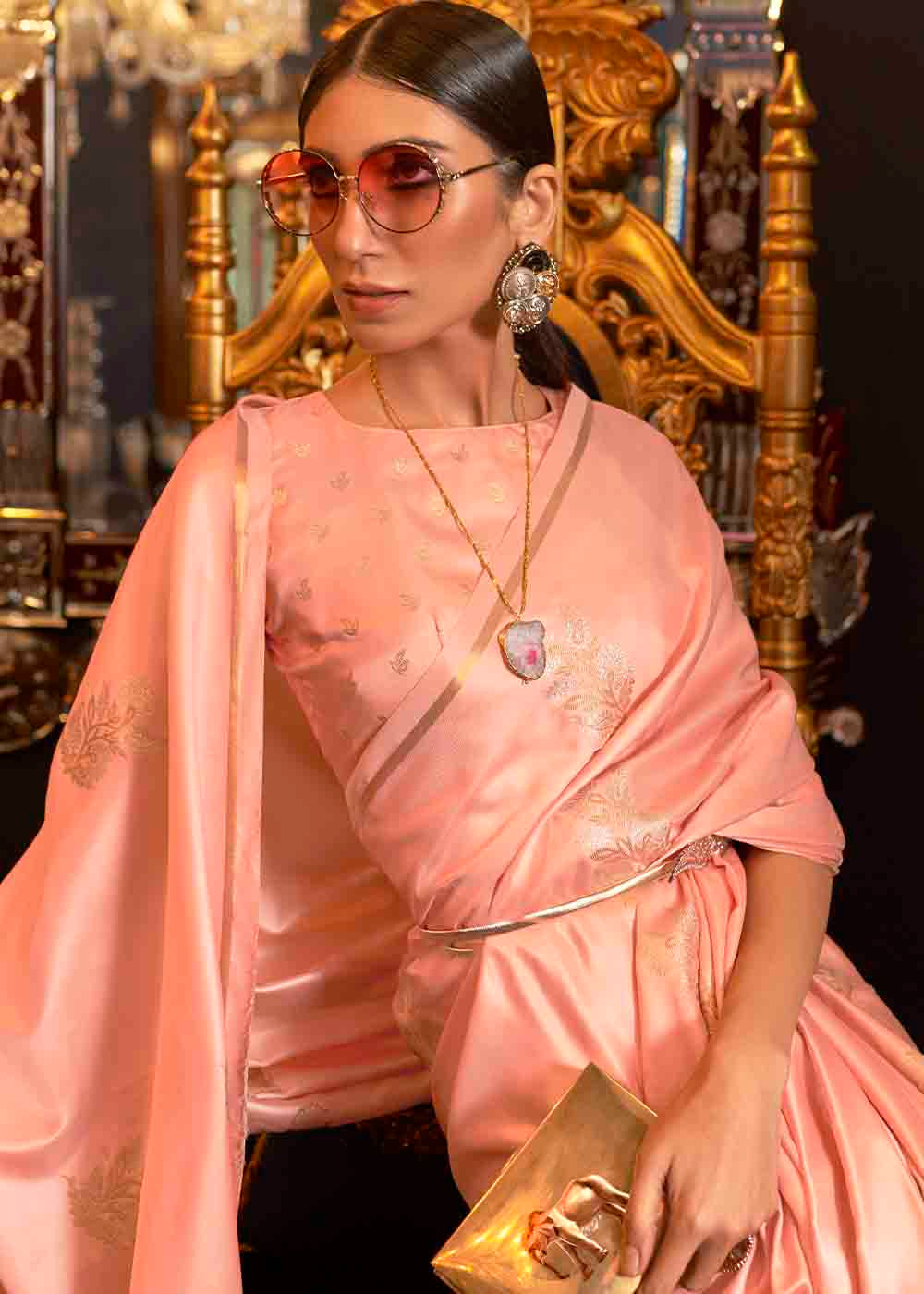 Buy MySilkLove Bud Pink Zari Woven Banarasi Satin Silk Saree Online