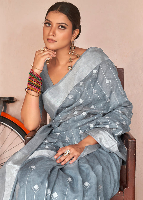 Tower Grey Floral Embroidered Linen Saree