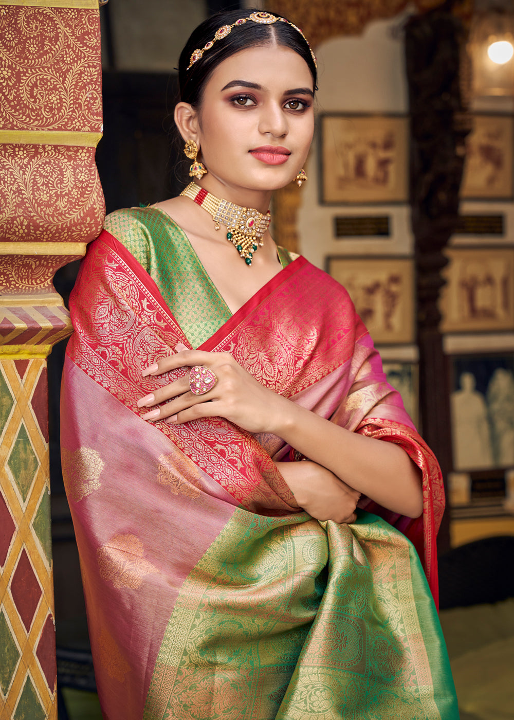 Buy MySilkLove Rose Bud Pink Woven Banarasi Barcode Silk Saree Online