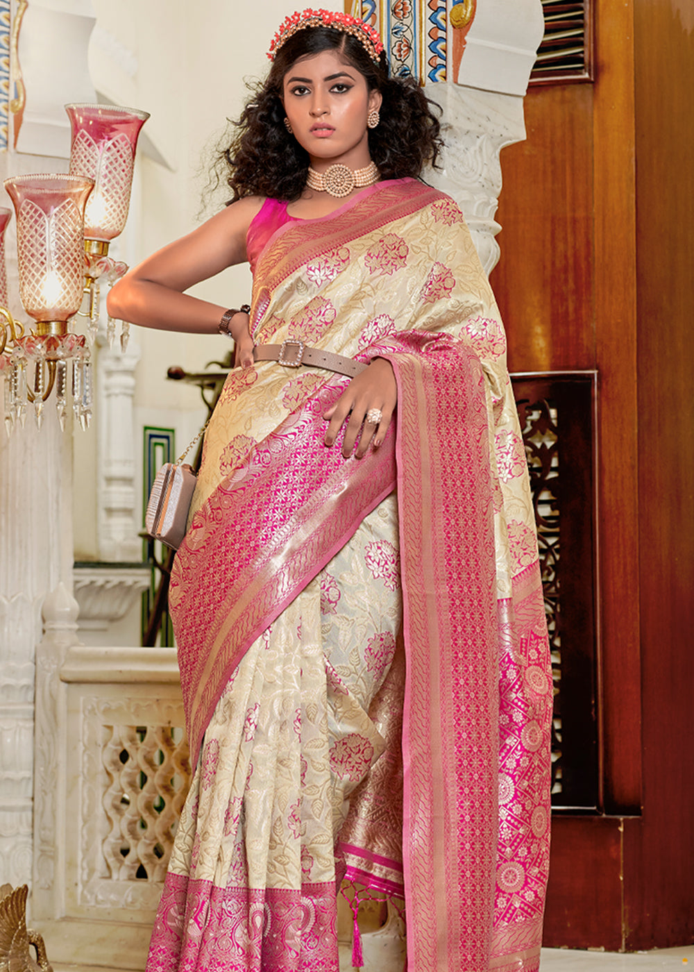 Off White and Pink Woven Banarasi Silk Saree