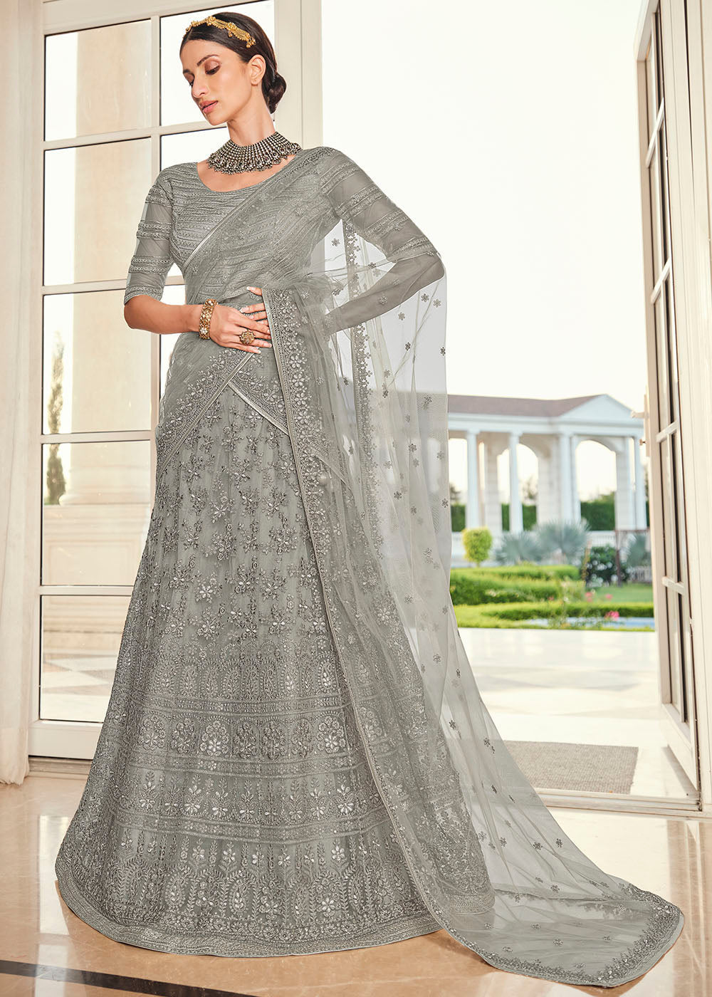 Buy MySilkLove Dawn Grey Net Designer Lehenga With Heavy Embroidered Work Online