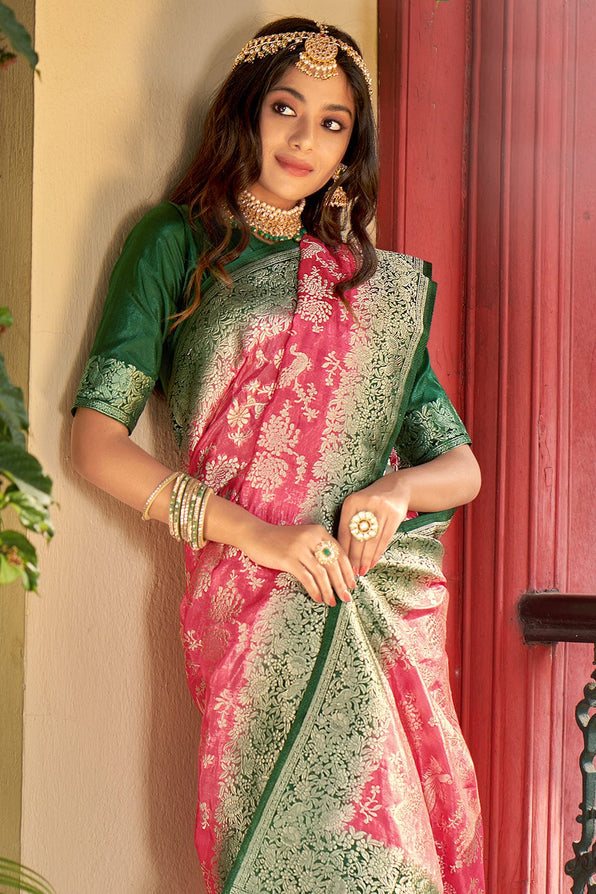 MySilkLove Froly Pink and Green Organza Saree