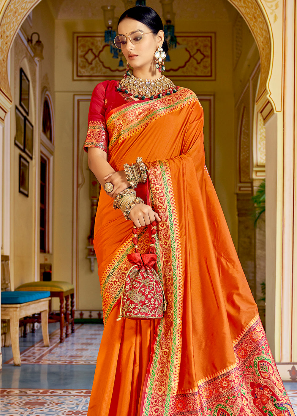 Buy MySilkLove Crusta Orange Zari Woven Banarasi Soft Silk Saree Online