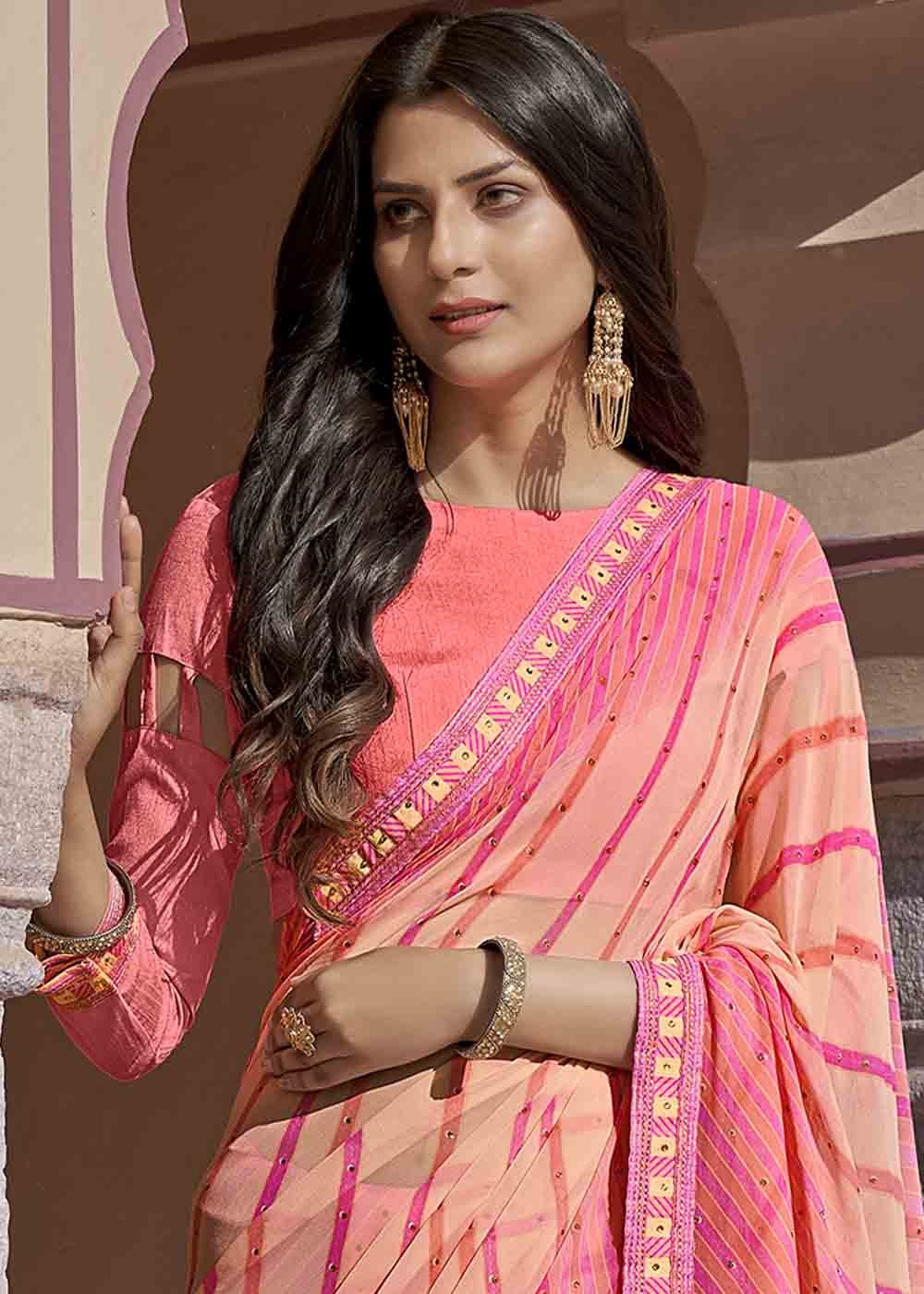 MySilkLove Rose Bud Pink Printed Georgette Saree