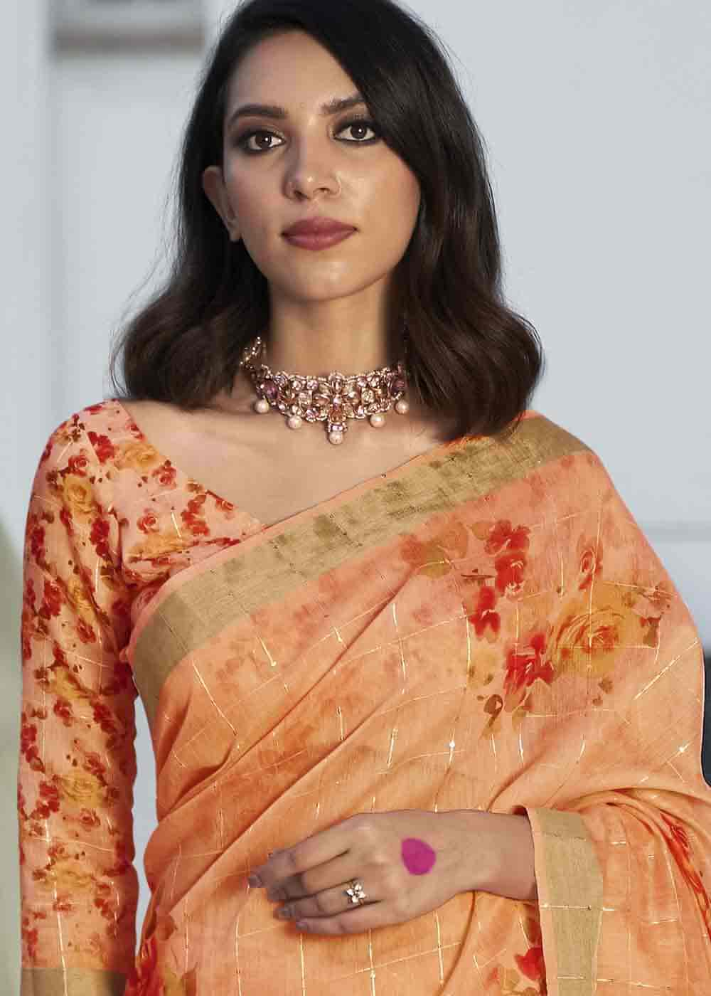 MySilkLove Copper Orange Digital Floral Printed Saree