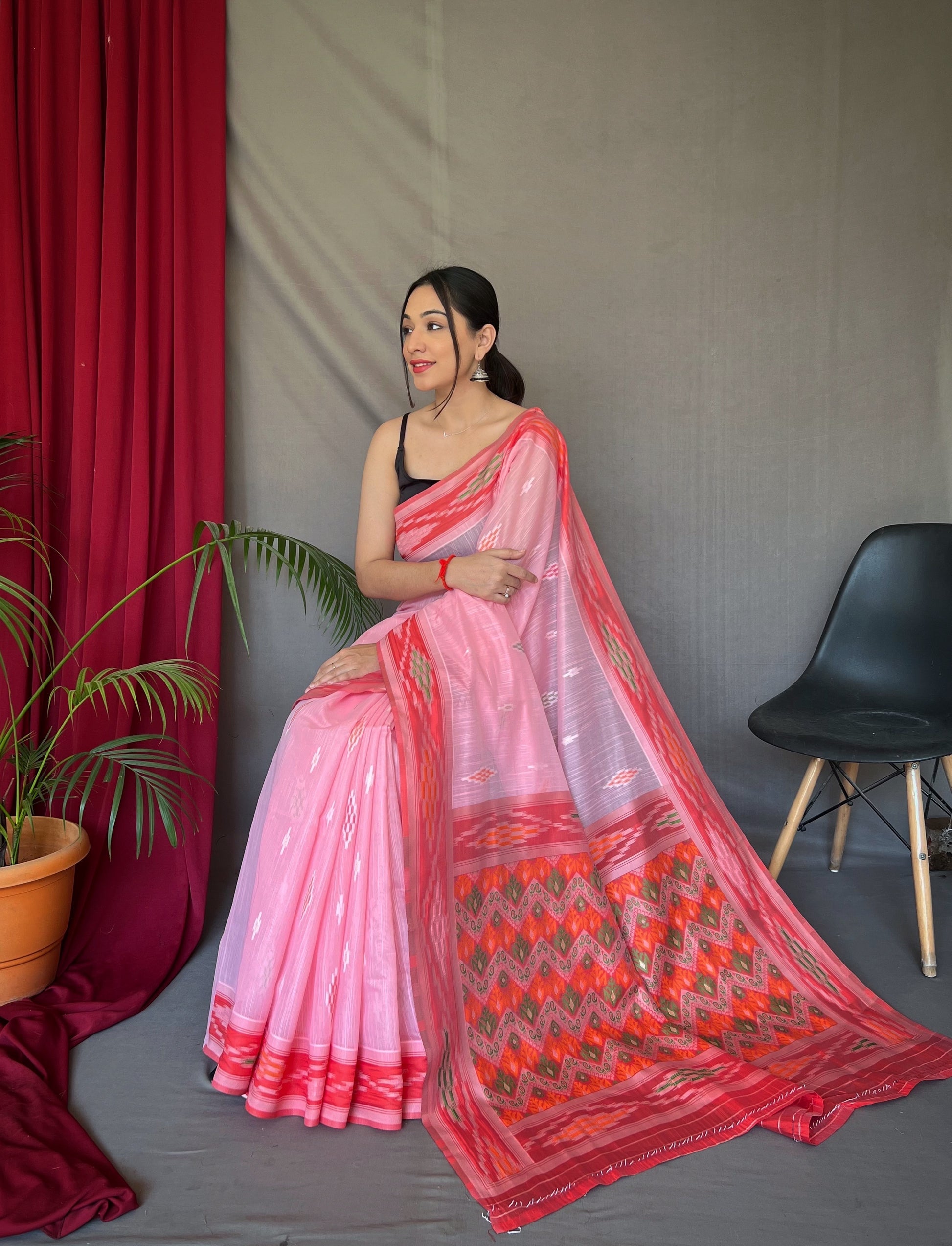 MySilkLove Pastel Pink Ikat Woven Cotton Silk Saree