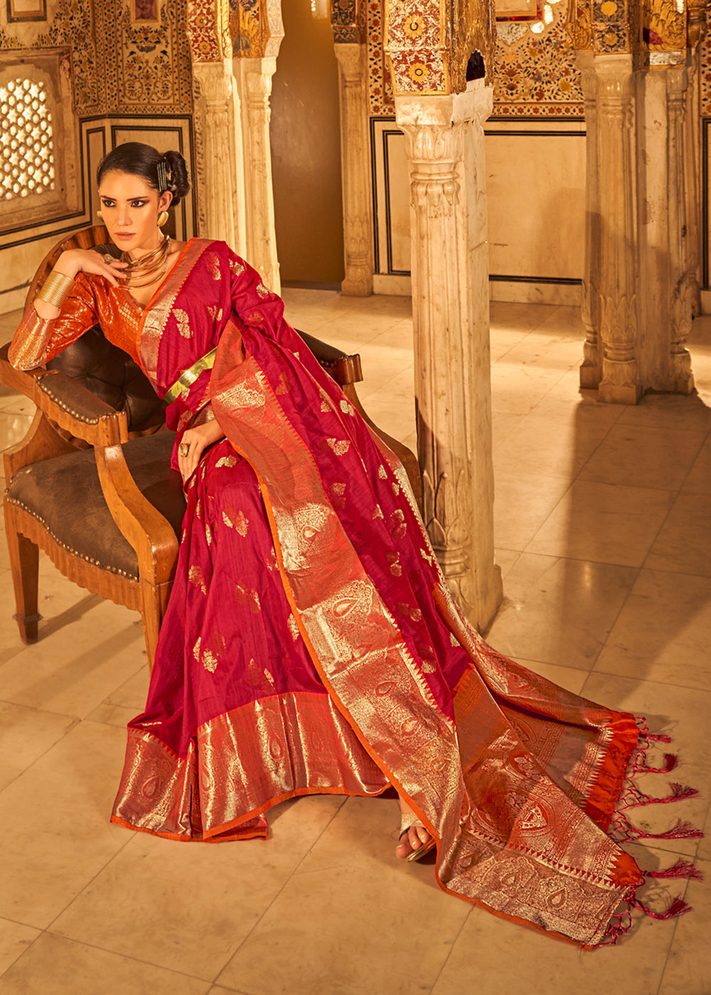 Buy MySilkLove Rusty Red Banarasi Tussar Woven Silk Saree Online