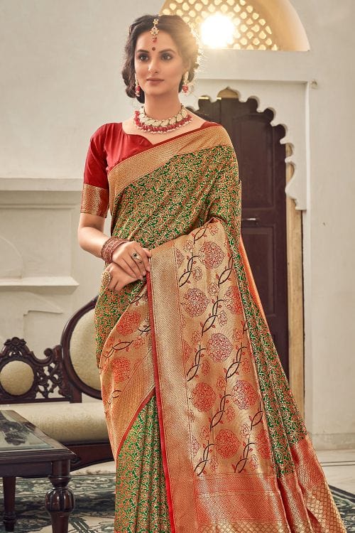 Buy MySilkLove Sapling Green and Red Zari Woven Banarasi Saree Online