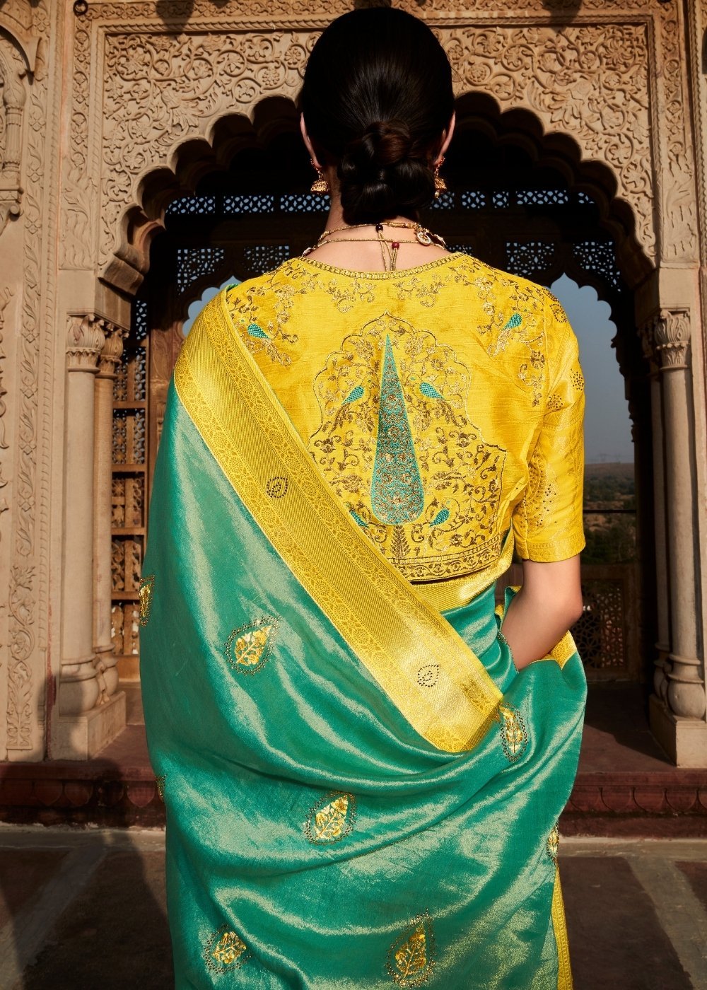 Buy MySilkLove Bay Leaf Blue and Yellow  Zari Woven Banarasi Silk Saree Online