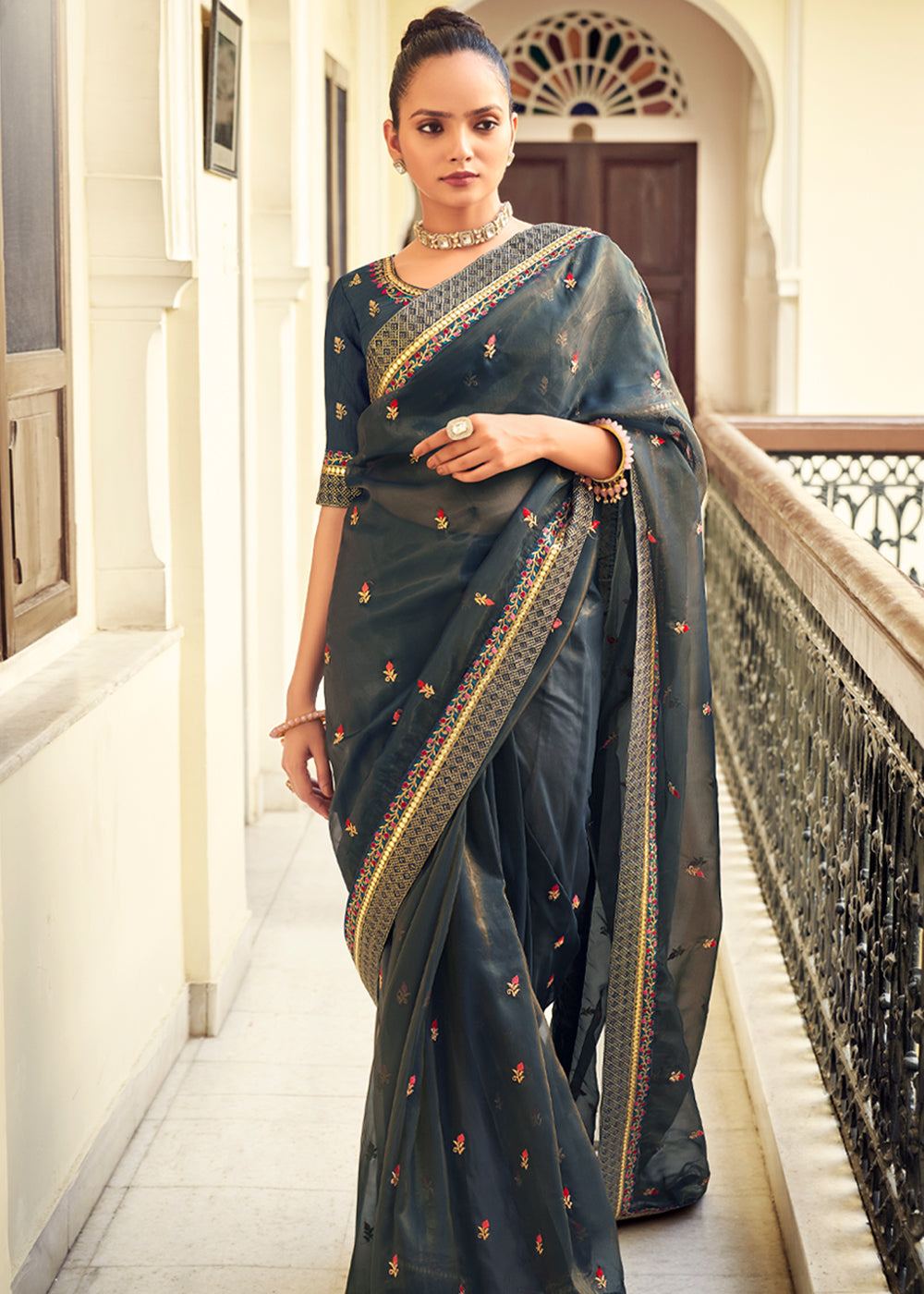 Buy MySilkLove Outer Space Grey Woven Banarasi Georgette Silk Saree Online