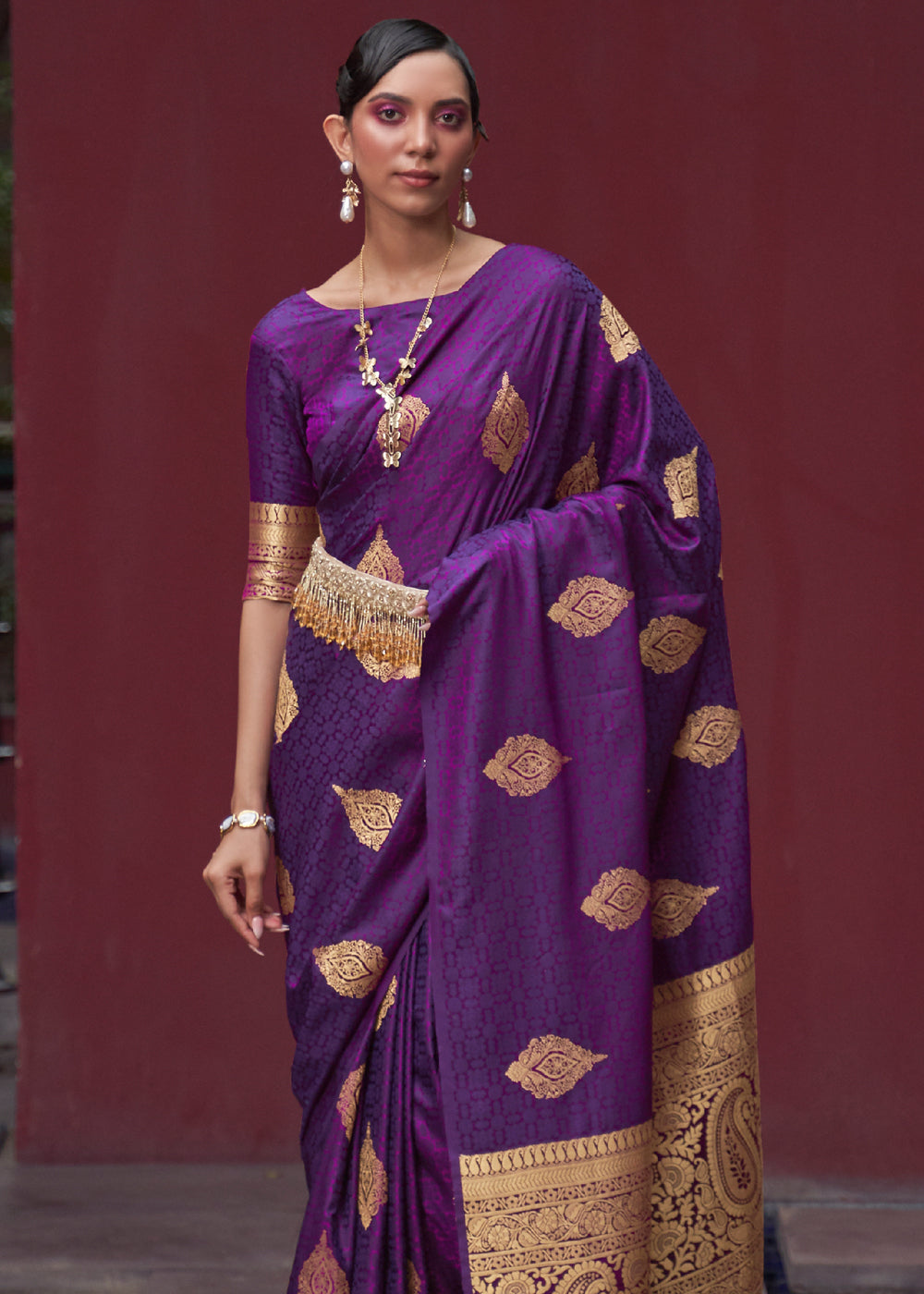 Buy MySilkLove Finn Purple Banarasi Woven Satin Silk Saree Online