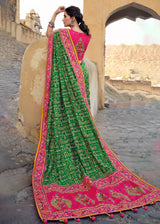 Forest Green and Pink Banarasi Saree with Kachhi,Mirror and Diamond Work