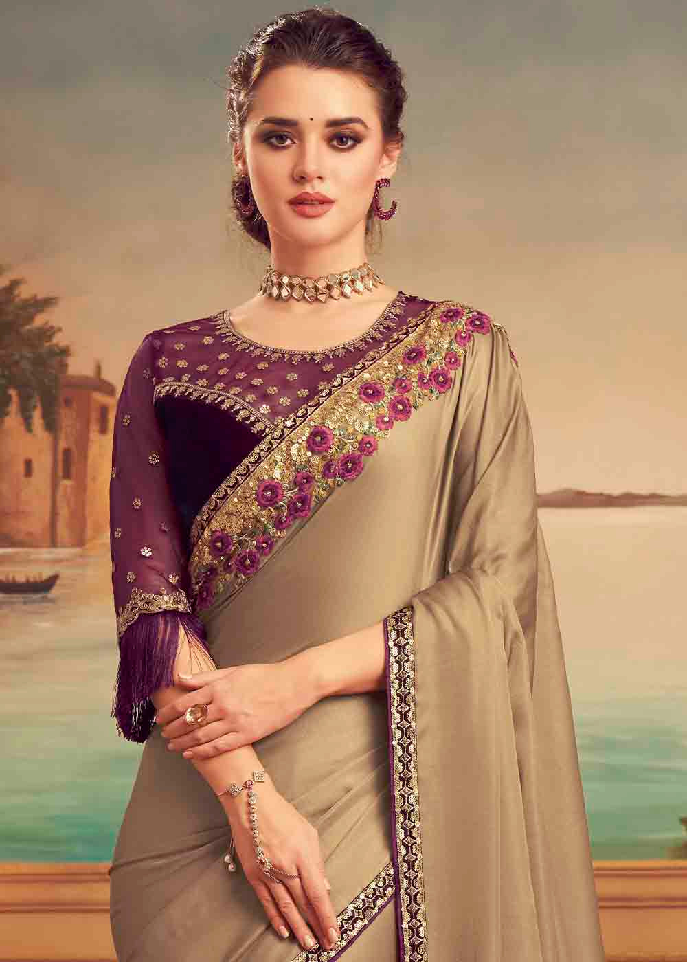 Buy MySilkLove Muesli Brown and Purple Embroidered Satin Silk Designer Saree Online
