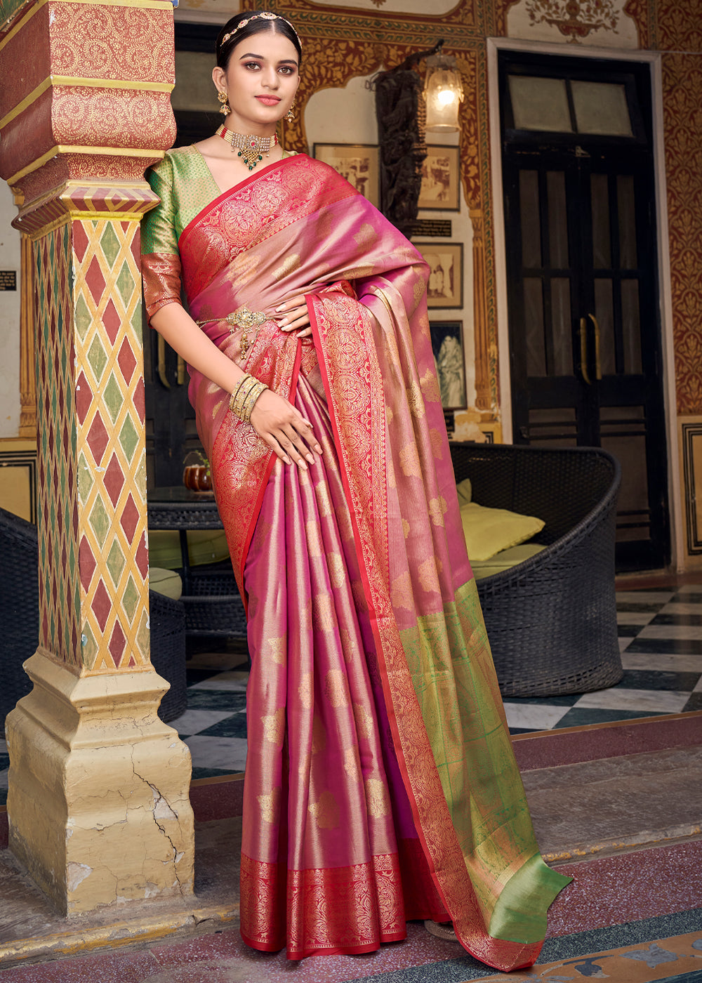 Buy MySilkLove Rose Bud Pink Woven Banarasi Barcode Silk Saree Online