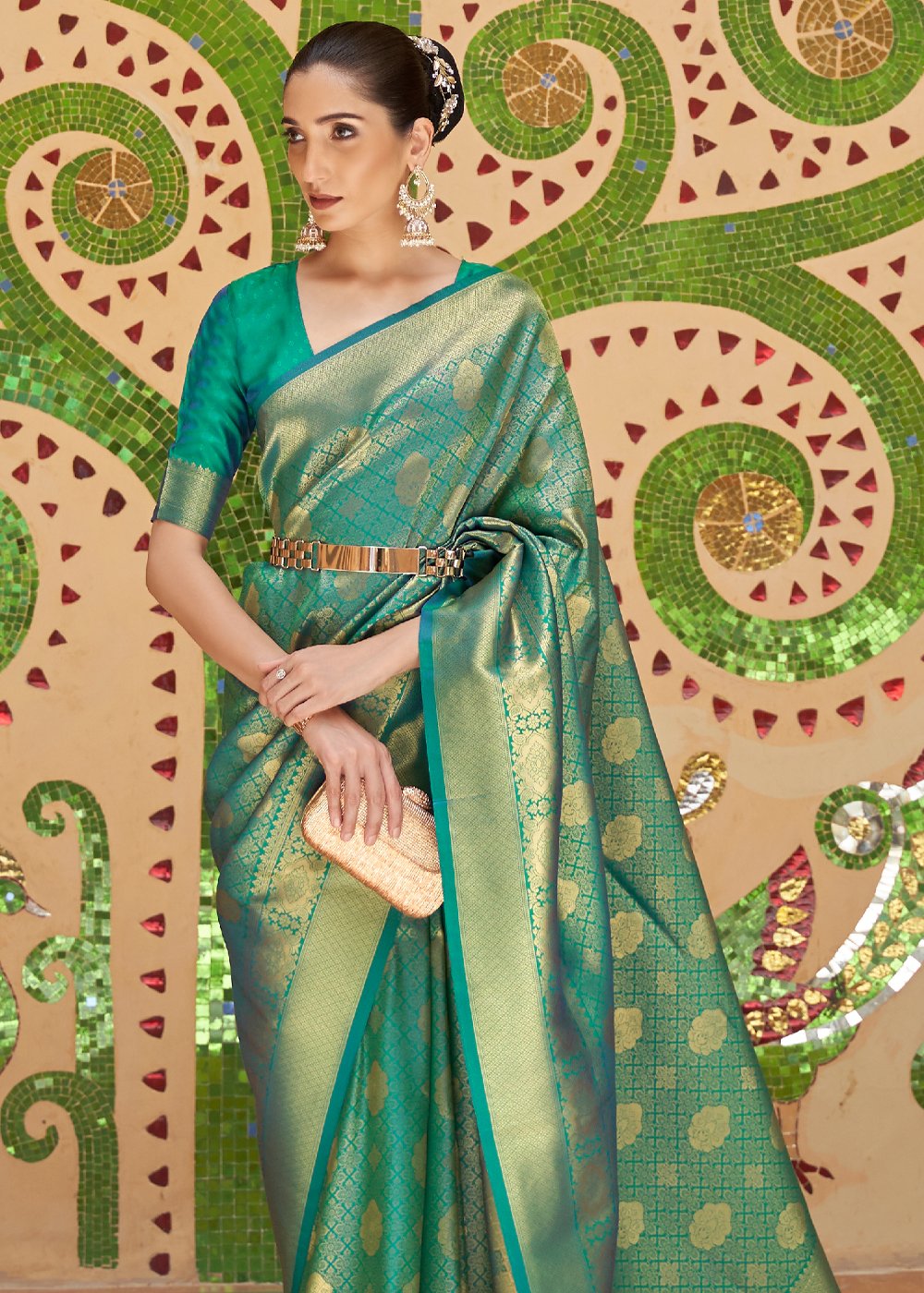 MySilkLove Viridian Green Zari Woven Kanjivaram Saree