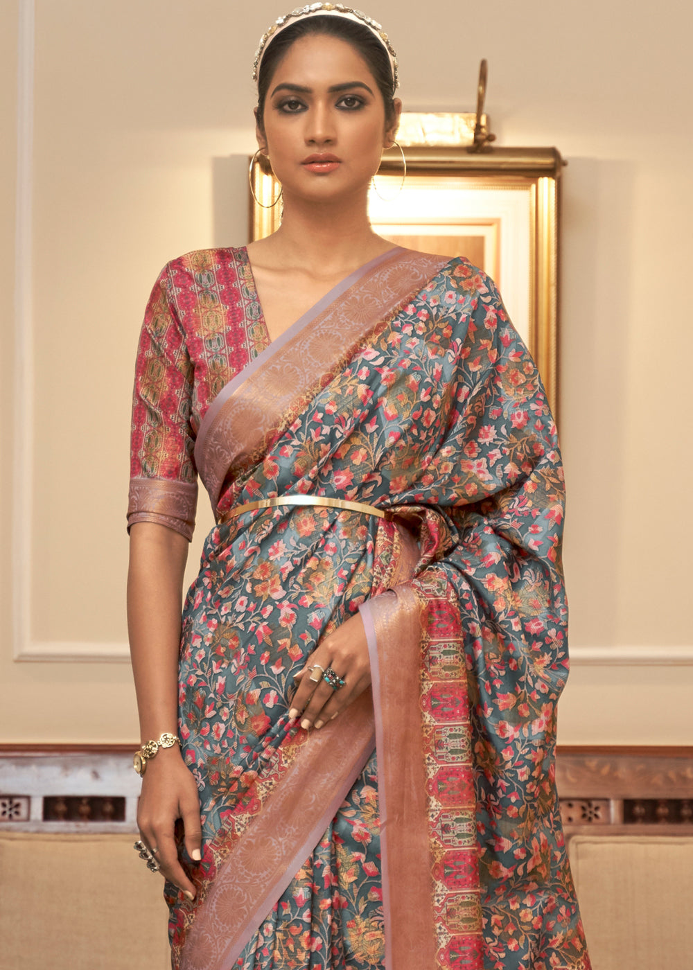 Buy MySilkLove Oslo Grey and Pink Banarasi Digital Printed Saree Online