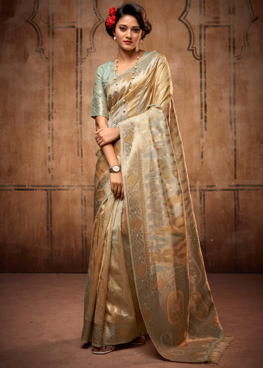 Buy MySilkLove Taupe Green Zari Woven Banarasi Organza Saree Online