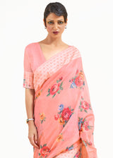 My Pink Zari Woven Digital Printed Linen Saree