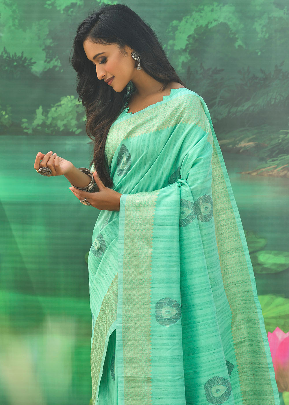 Buy MySilkLove Algae Green Banarasi Jacquard Silk Saree Online