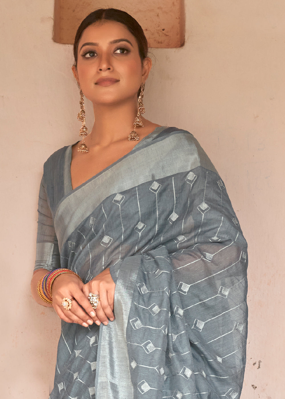 Buy MySilkLove Tower Grey Floral Embroidered Linen Saree Online