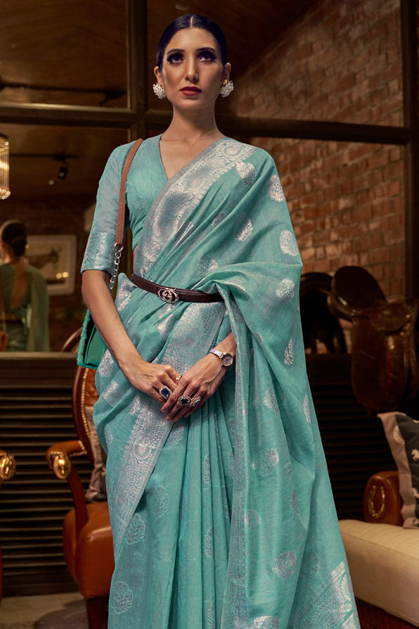 Buy MySilkLove Polished Pine Blue Zari Woven Linen Saree Online