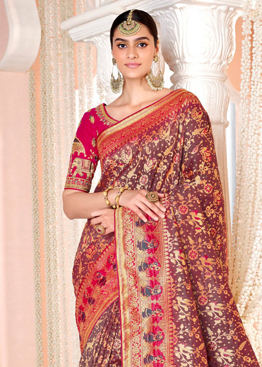 Buy MySilkLove Medium Purple and Pink Zari Woven Banarasi Saree with Designer Blouse Online