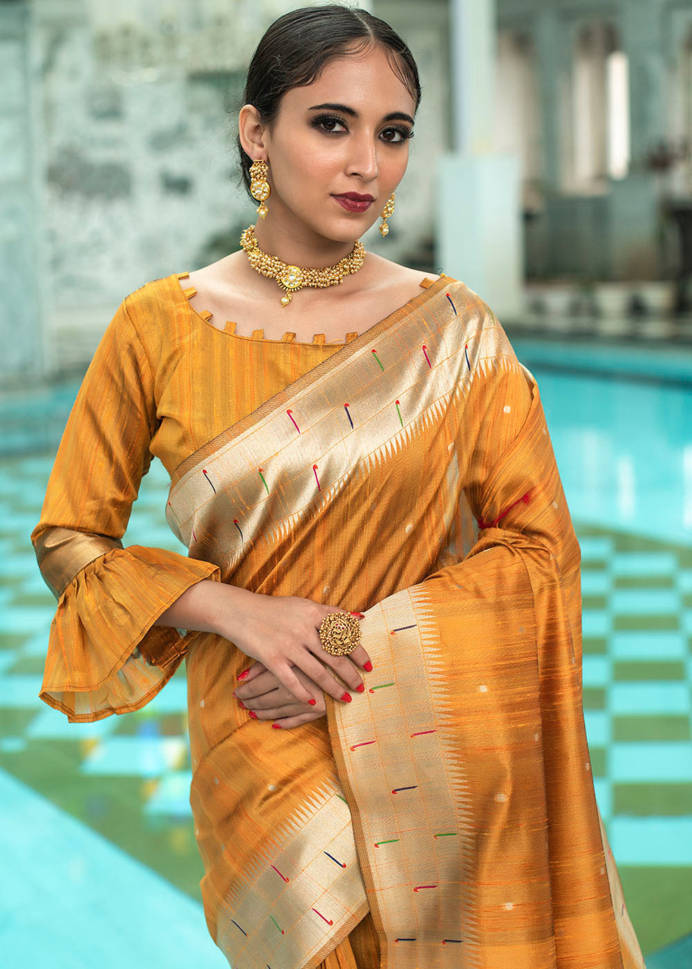 Buy MySilkLove Koromiko Yellow Zari Woven Tussar Paithani Silk Saree Online