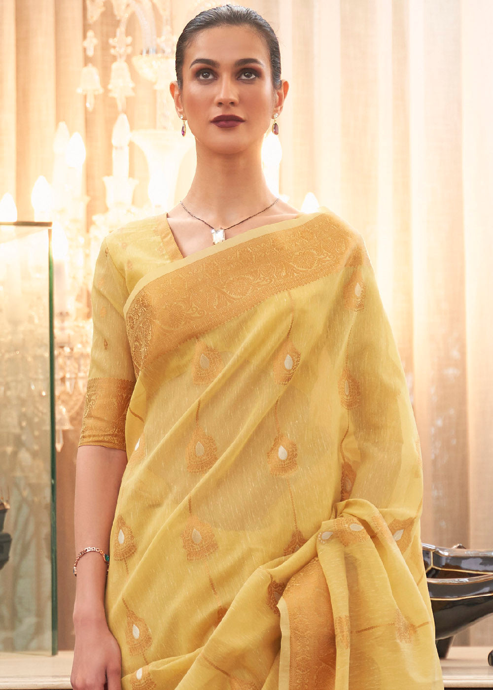 Buy MySilkLove Cream Yellow Zari Woven Linen Saree Online