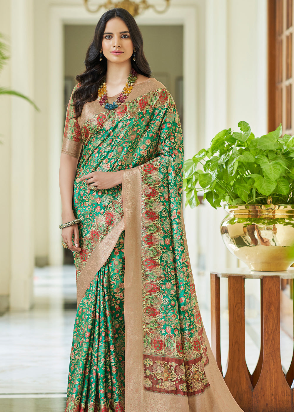 Buy MySilkLove Pine Green Banarasi Saree with Jamewar Print Online