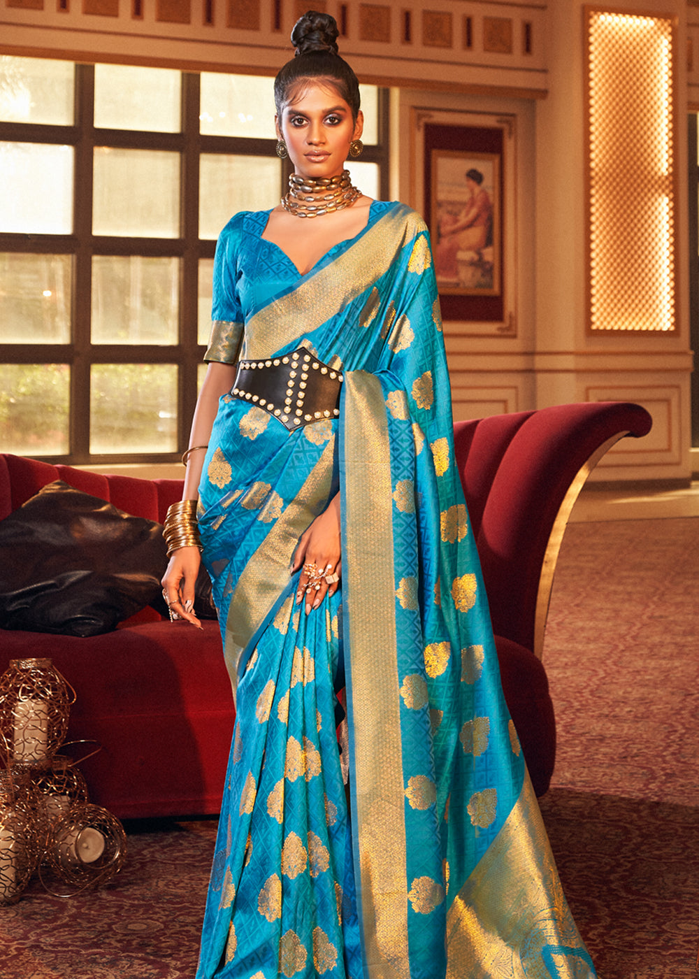 Buy MySilkLove Metallic Seaweed Blue Woven Banarasi Silk Saree Online