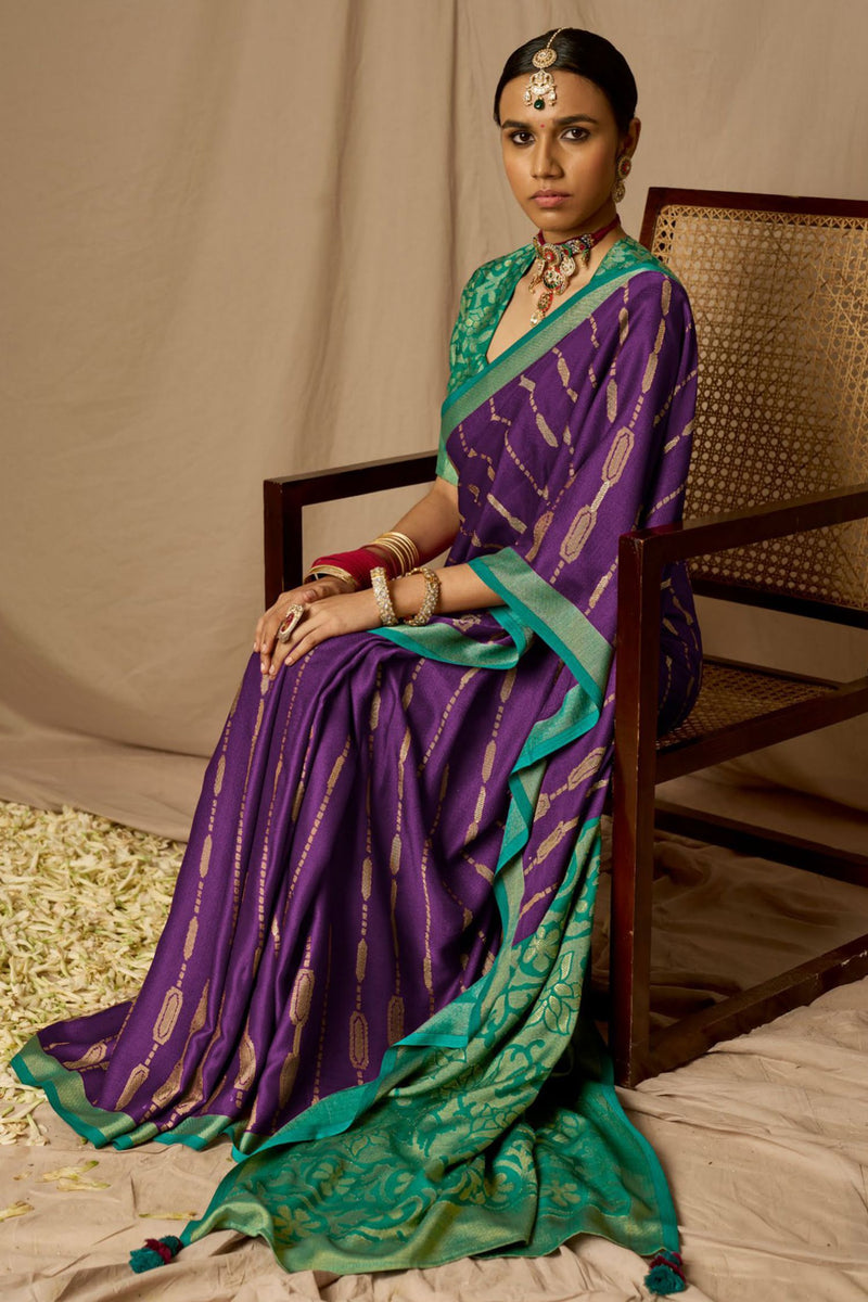 Eggplant purple uppada silk mix saree with zari buttas, contrast bavanji  border & pallu of intricate designs