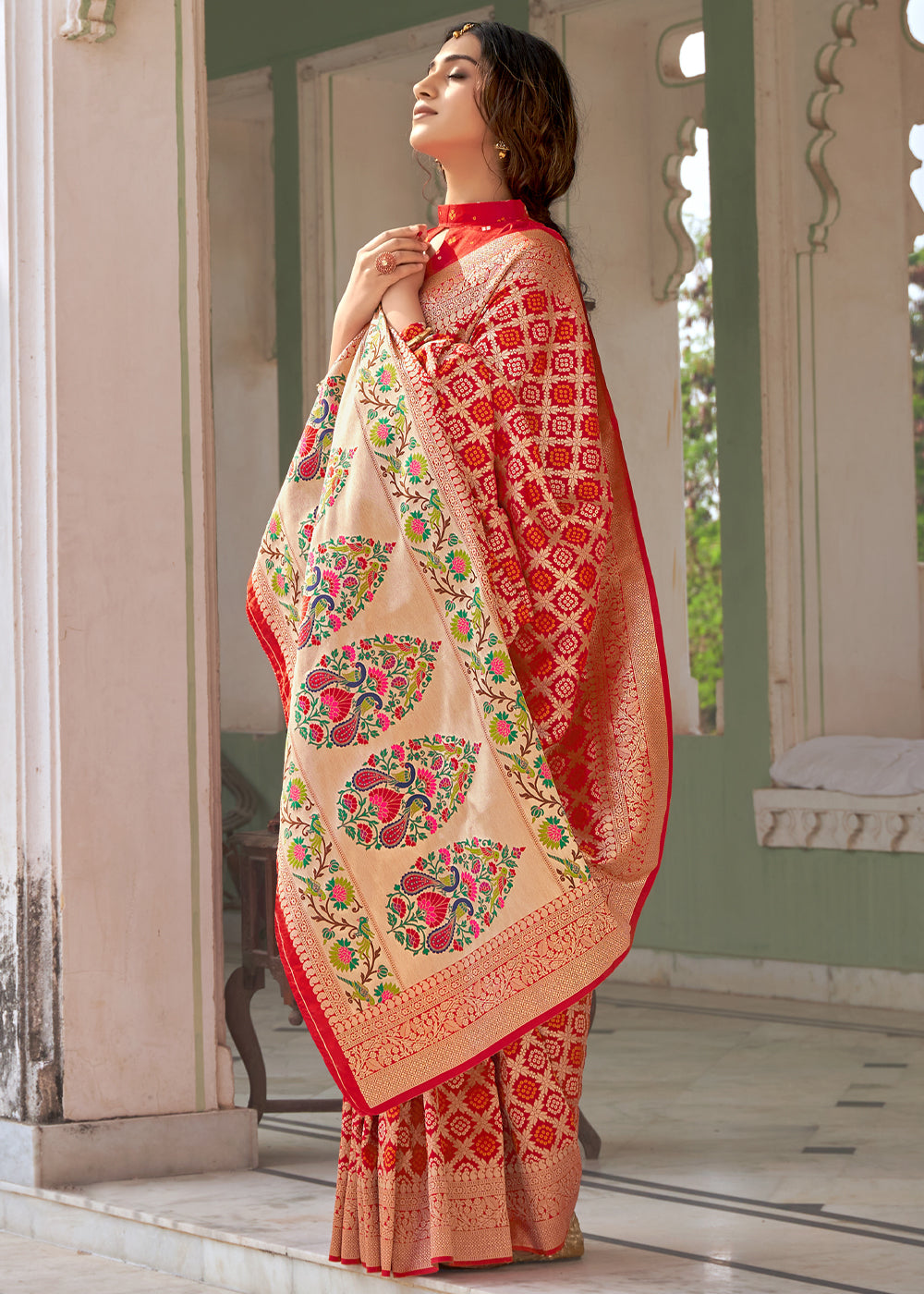 Buy MySilkLove Flame Red Zari Woven Banarasi Brocade Saree Online