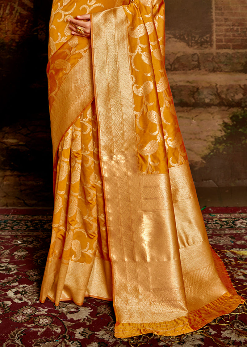 Ochre Yellow Zari Woven Banarasi Jamdani Silk Saree