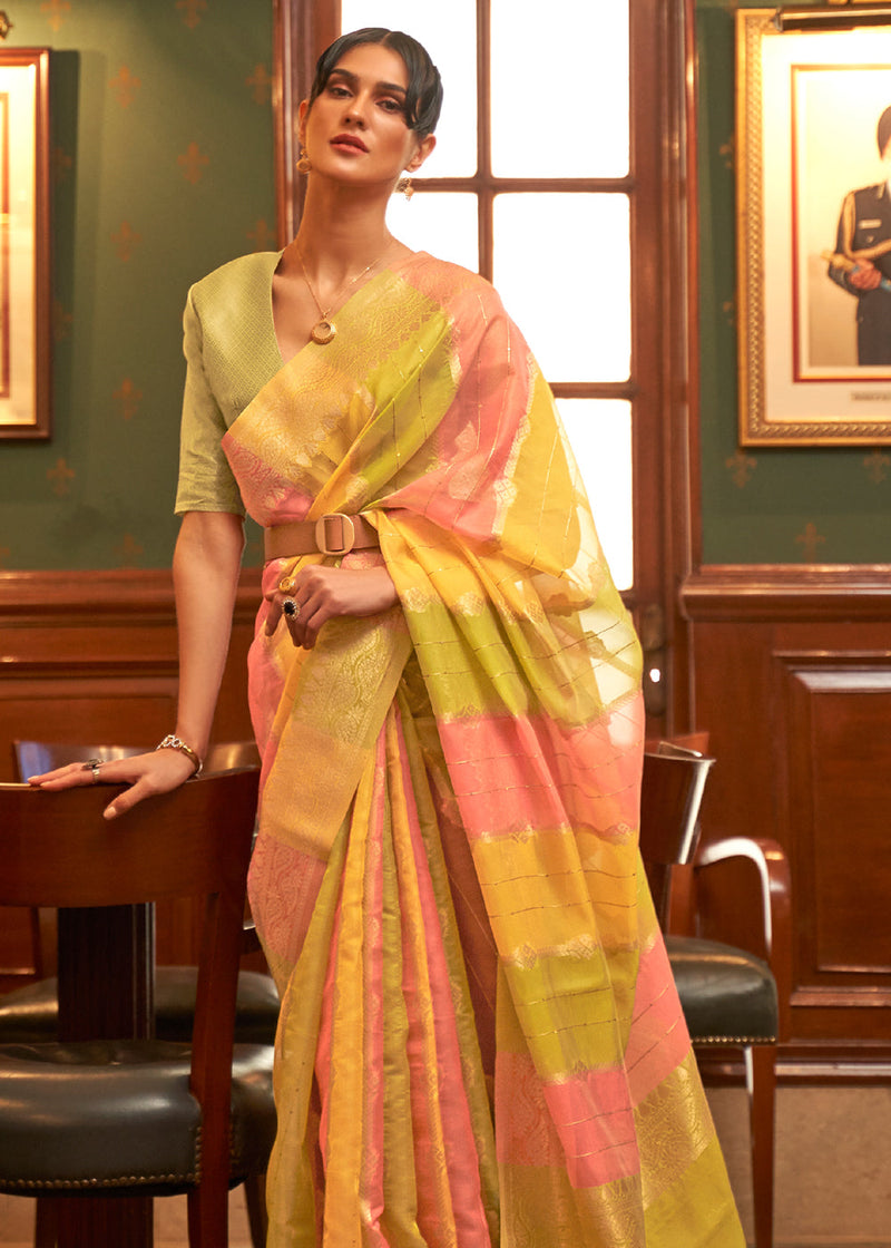 Ronchi Yellow Green and Pink Zari Woven Banarasi Organza Saree