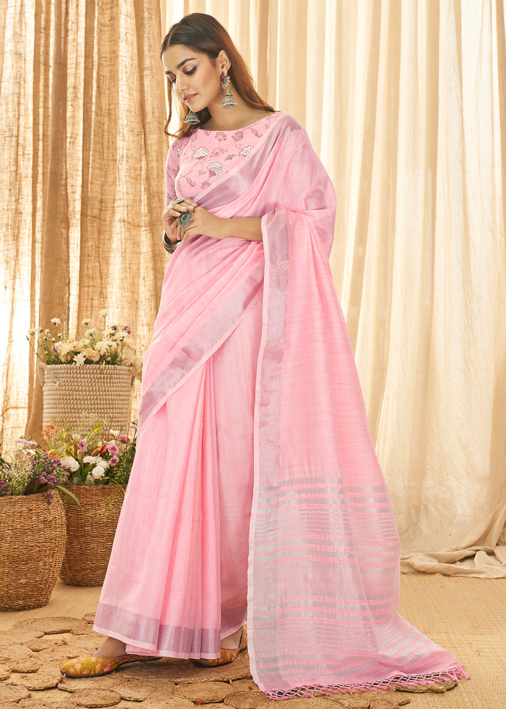 Buy MySilkLove Azalea Pink Zari Woven Linen Saree Online