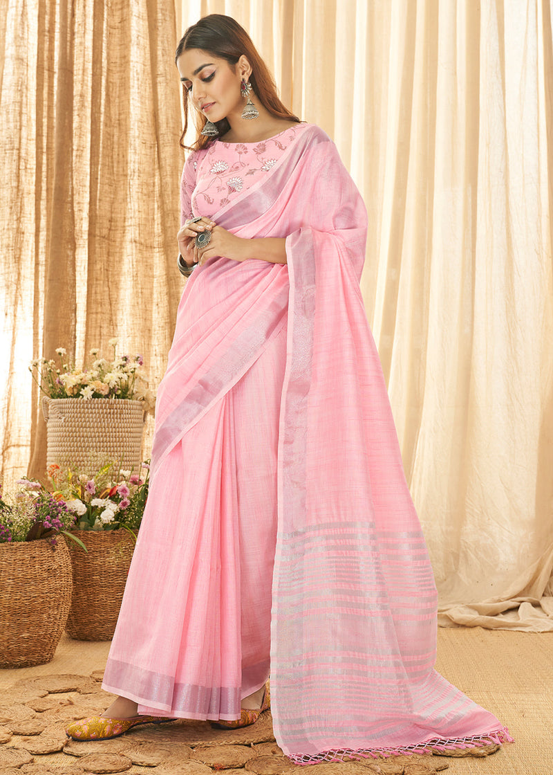 Azalea Pink Zari Woven Linen Saree