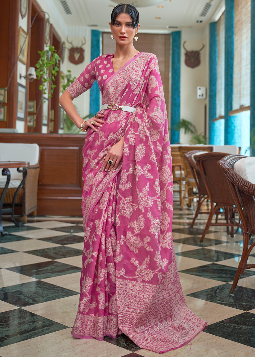 Buy MySilkLove Cinnamon Pink Lucknowi Chikankari Woven Saree Online