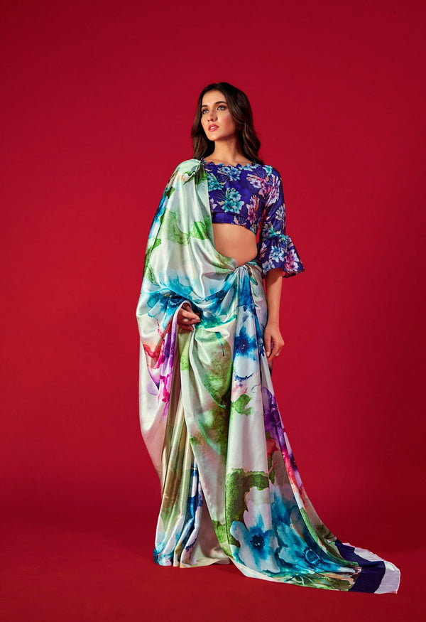 Willow Brook White Multicolored Satin Silk Saree