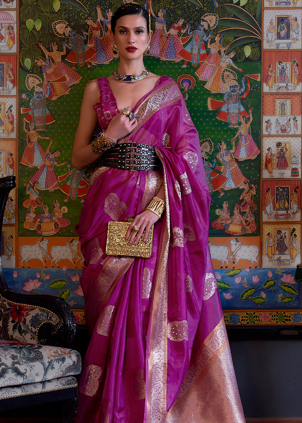 Buy MySilkLove Hibiscus Purple Woven Banarasi Organza Silk Saree Online