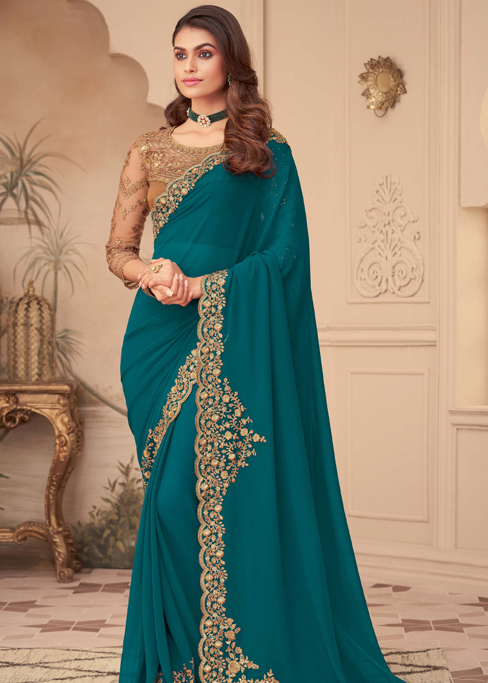 Buy MySilkLove Blue Stone Georgette Designer Saree with Embroidered Blouse Online