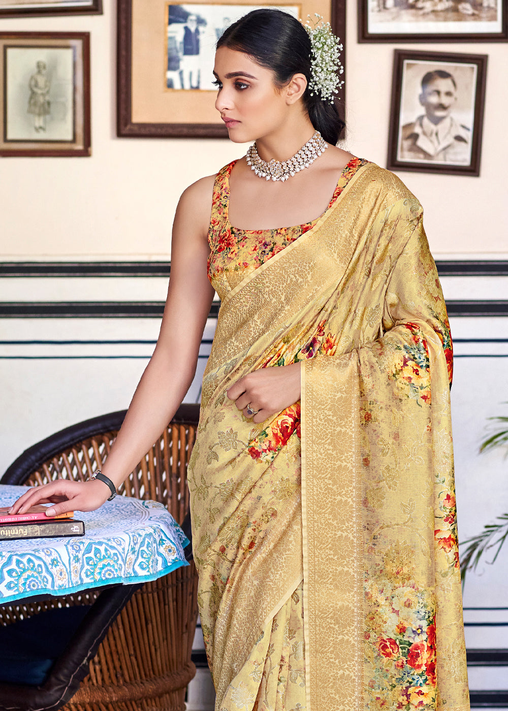 Buy MySilkLove Gold Sand Yellow Zari Woven Floral Banarasi Saree Online