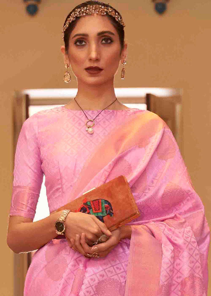 Carnation Pink Banarasi Silk Handloom Saree