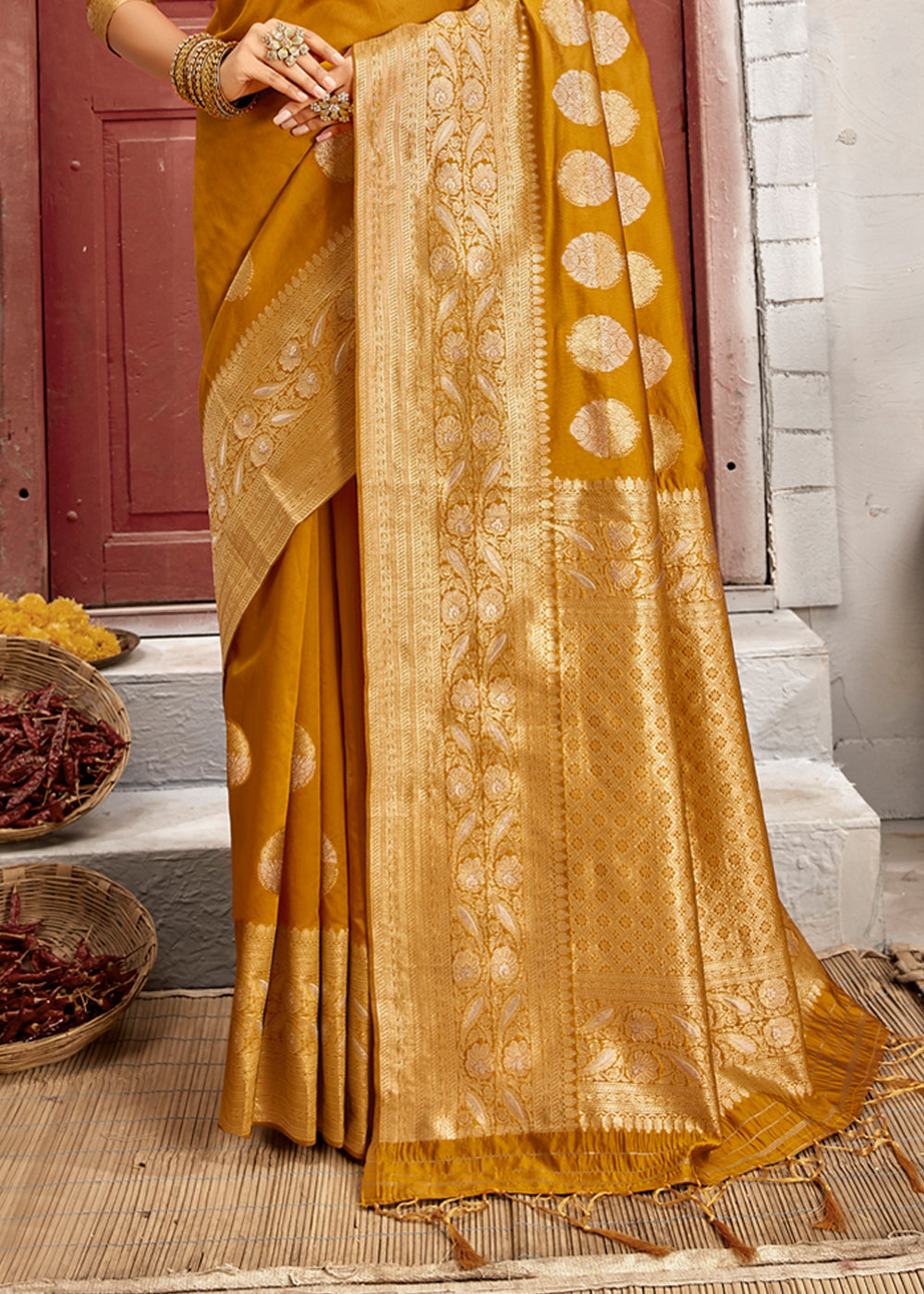 Buy MySilkLove Brandy Punch Yellow Zari Woven Banarasi Jamdani Silk Saree Online