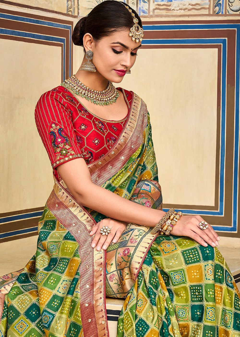 Buy MySilkLove Husk Green and Red Patola Printed Dola Silk Saree With Embroidered Blouse Online