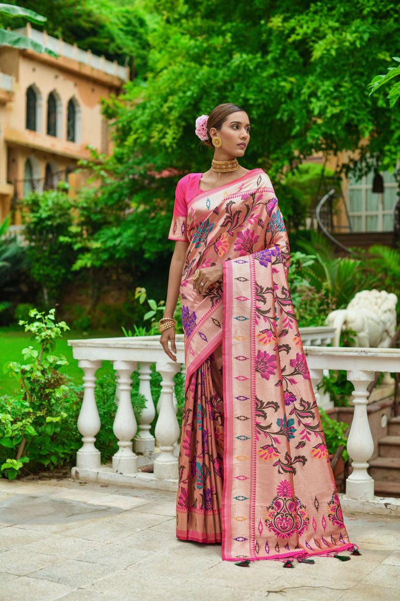 Red Banarasi Paithani Brocade Handwoven Katan Silk Saree-HolyWeaves