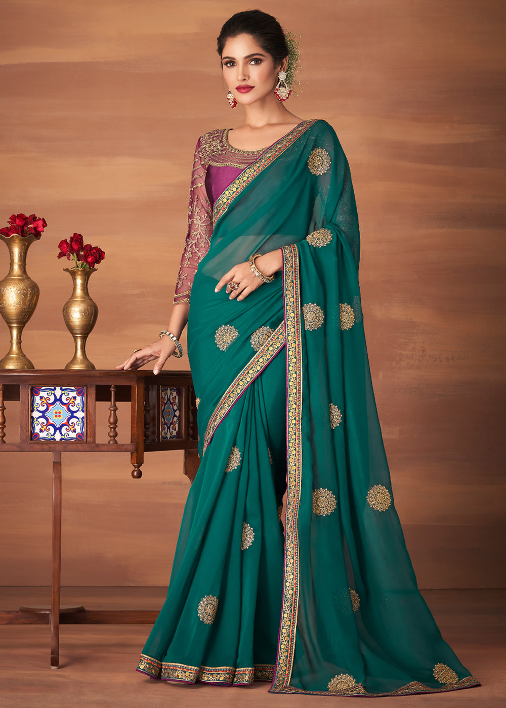 Buy MySilkLove Casal Green Designer Saree with Embroidered Blouse Online