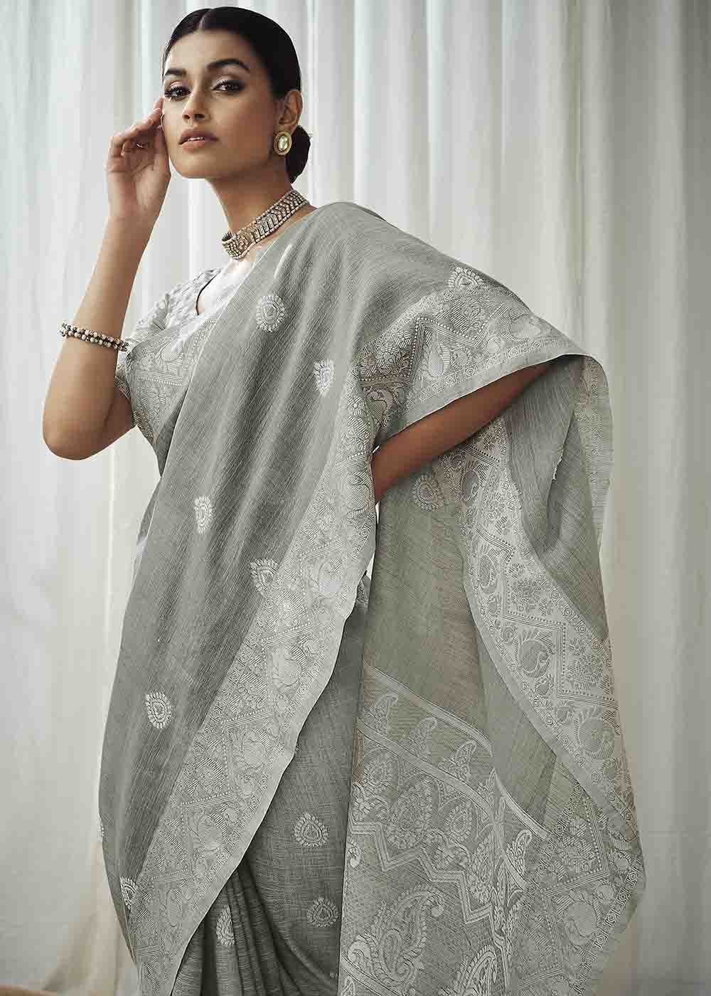 Buy MySilkLove Bitter Grey Chikankari Linen Saree Online