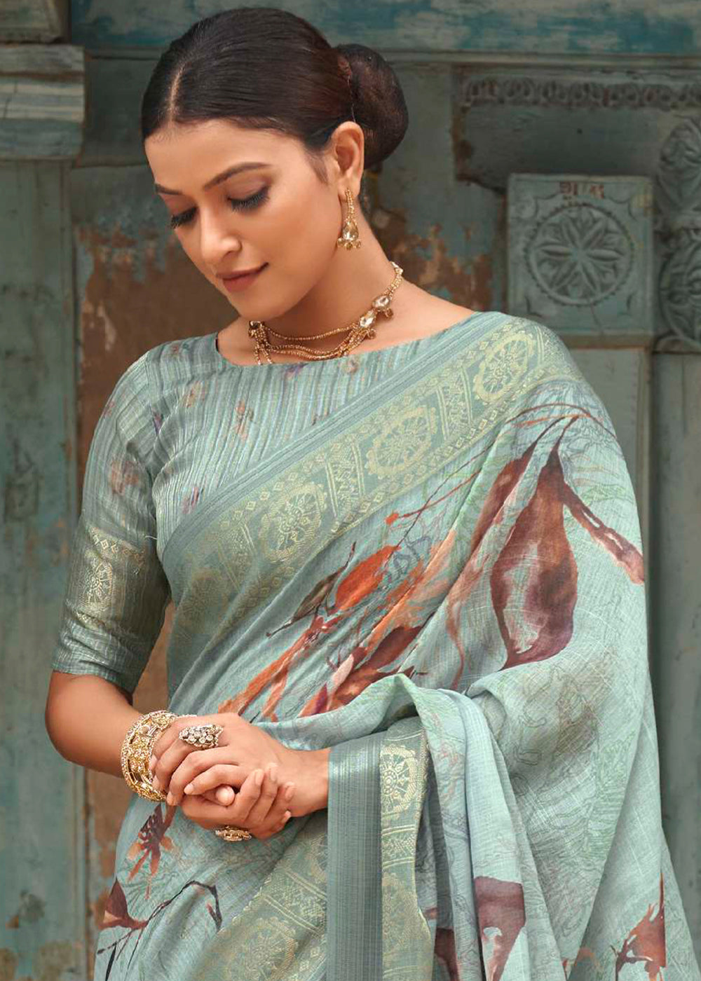 Buy MySilkLove Gum Leaf Green Floral Printed Linen Silk Saree Online