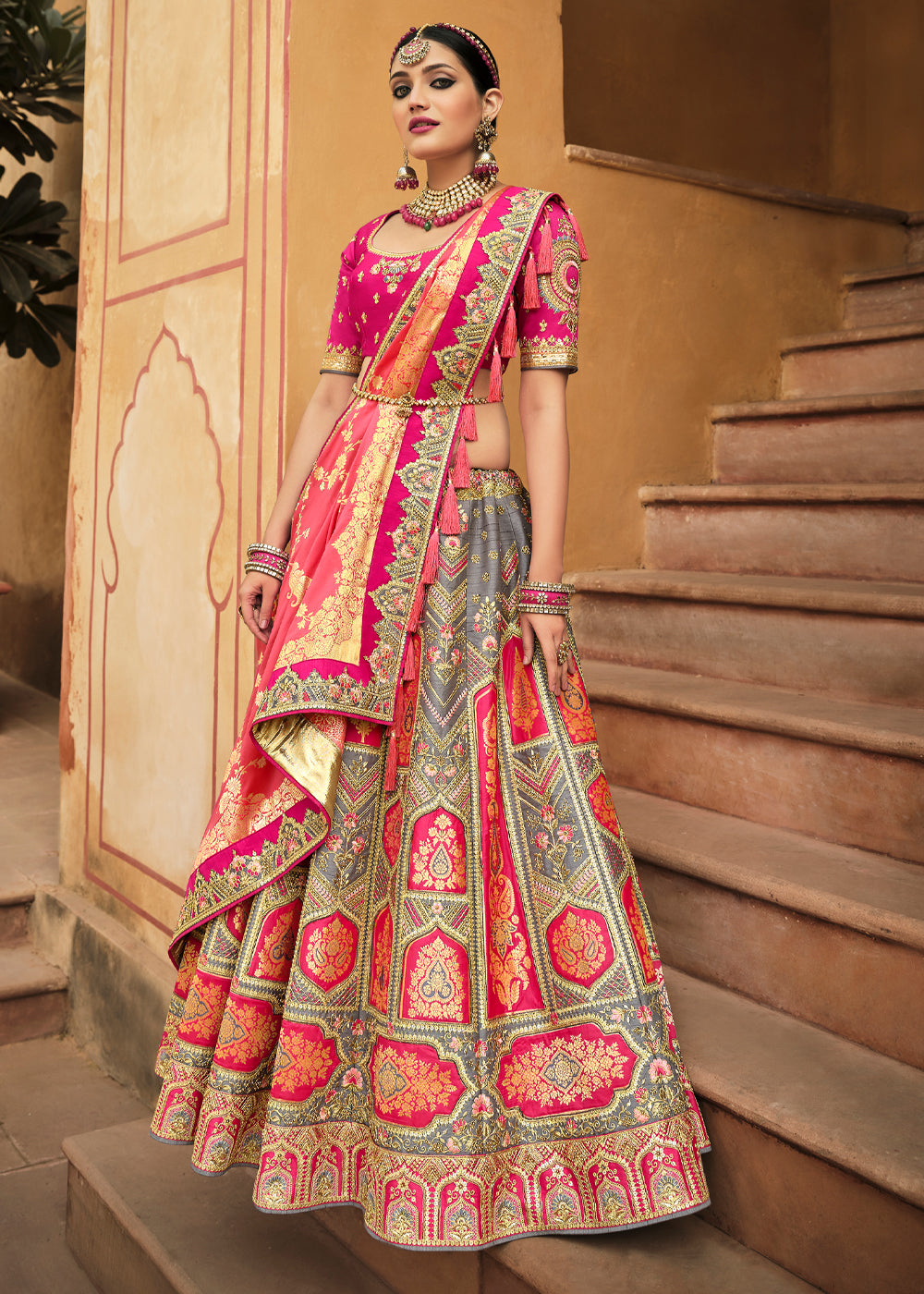 Buy MySilkLove Salmon Pink and Grey Heavy Embroidered Lehenga Online