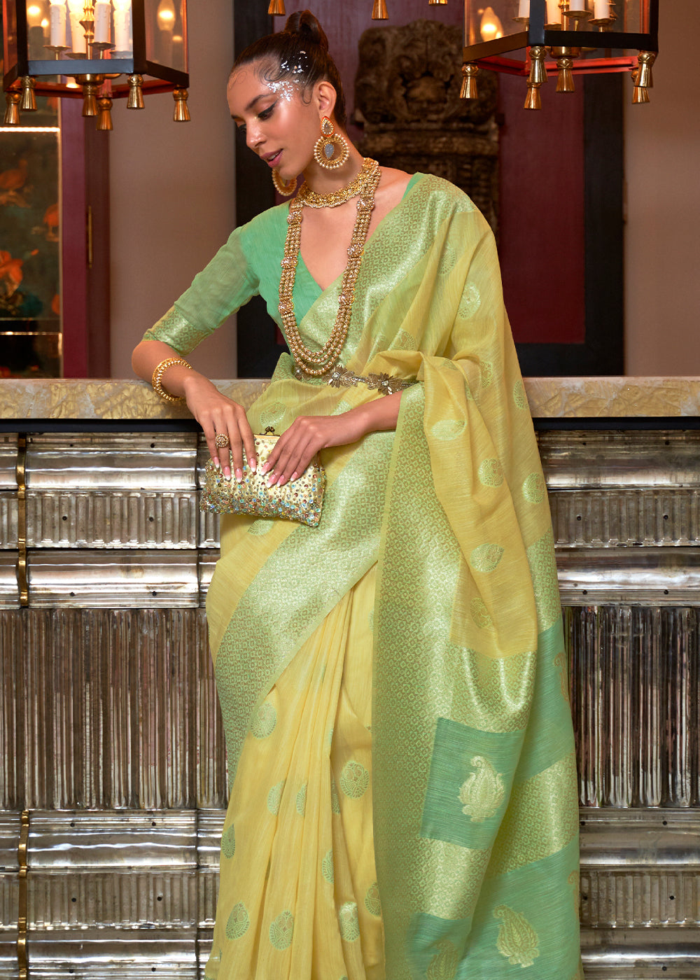 Brandy Yellow and Green Zari Woven Linen Saree
